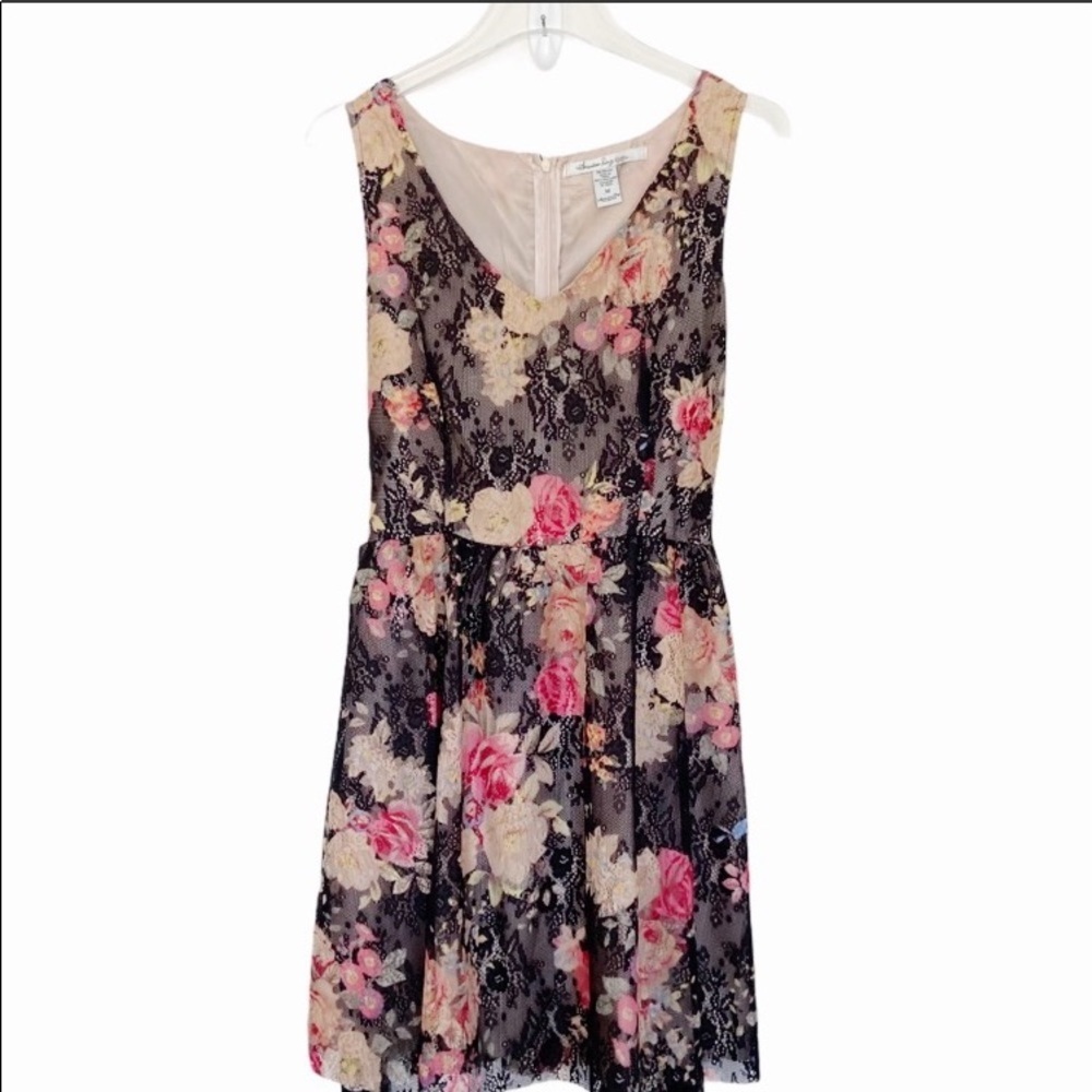 AMERICAN RAG Black / Pink Floral Lace Dress Medium